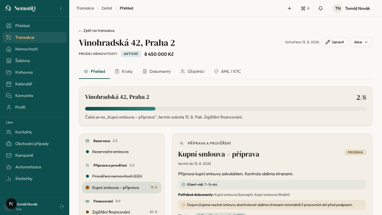 Detail transakce, pracovní plocha s fázovou cestou