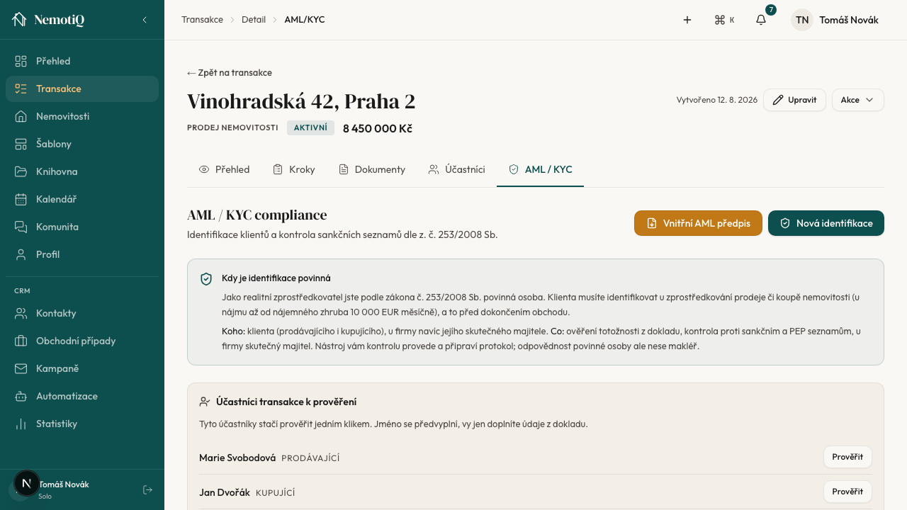AML a KYC identifikace v transakci: účastníci k prověření a kontrola seznamů