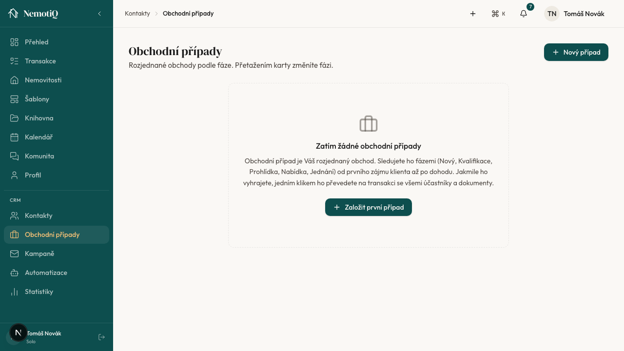 CRM pipeline obchodních případů (kanban)
