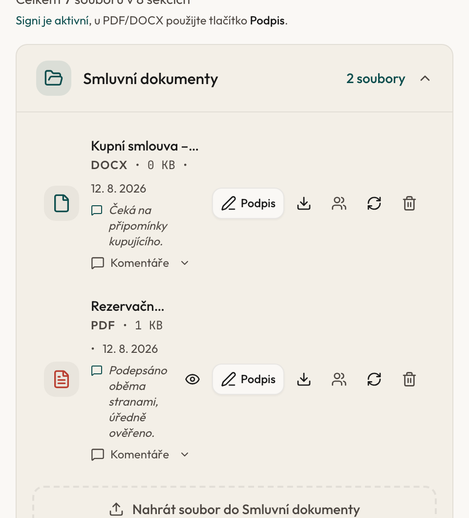 Dokumenty transakce s verzemi a podpisovou dráhou